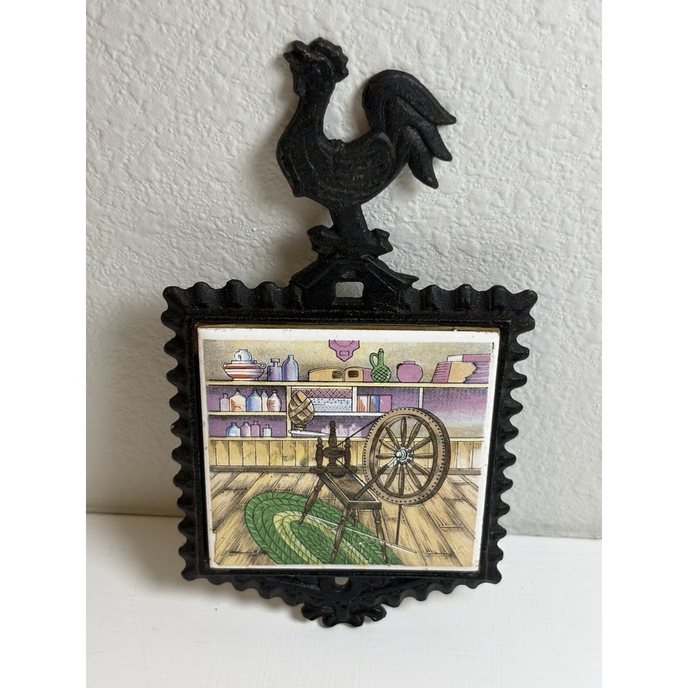 Vintage Japan Cast Iron Rooster Trivet Wall Plaque Ceramic Tile Spinning Wheel